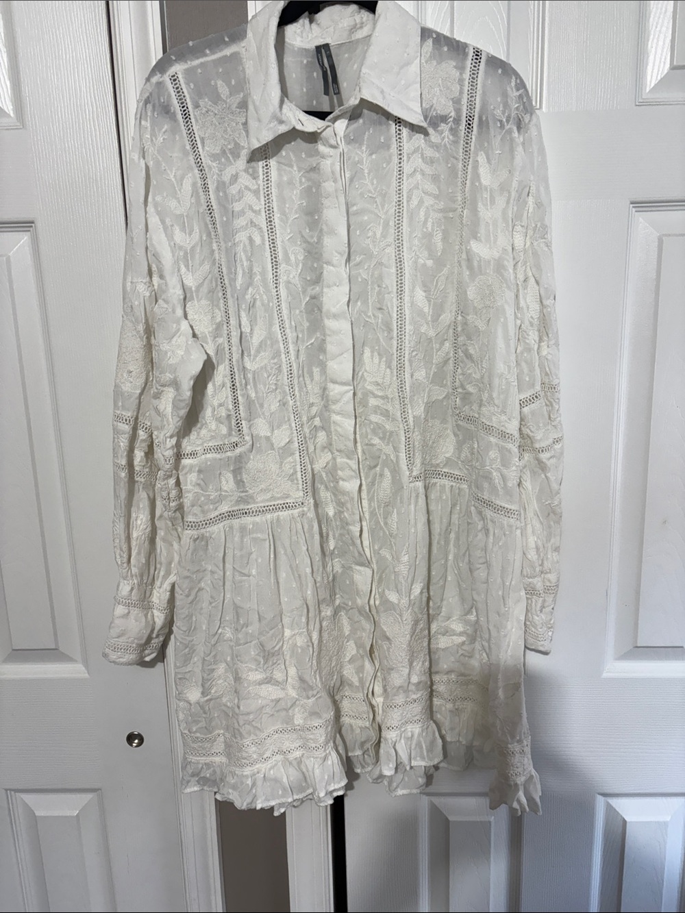 Anthropologie Cream Lace Button-Front Long Jacket